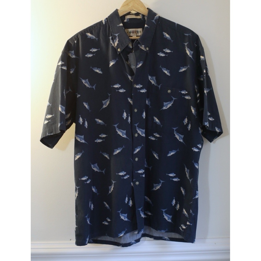Campia Moda Mens Large‎ Navy Blue Marlin Fish Print Cotton Short Sleeve Shirt